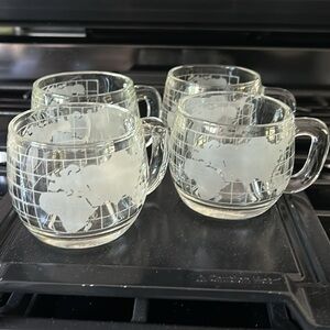 Vintage 1970's Set of 4 Nestle Glass Etched Frosted World Mugs with Handles